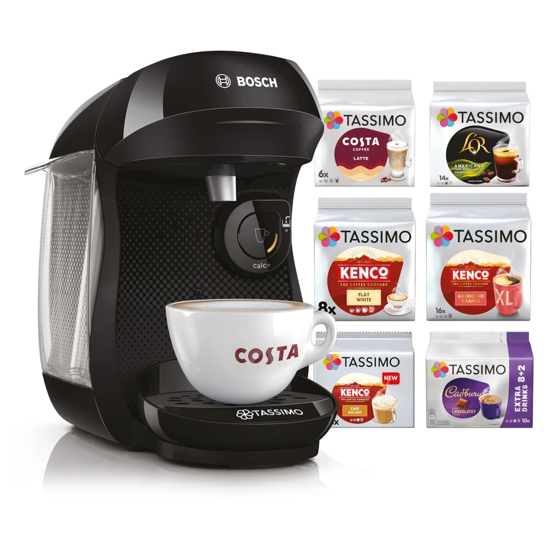 Tassimo by Bosch Happy Friendly Pod Coffee Machine with 70 Drinks Value Starter Bundle, TAS102EGBC - Black