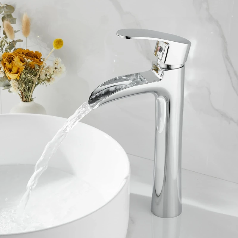 Modern Black Waterfall Bathroom Faucet Brass Single Handle Hot and Cold Mixer Tap