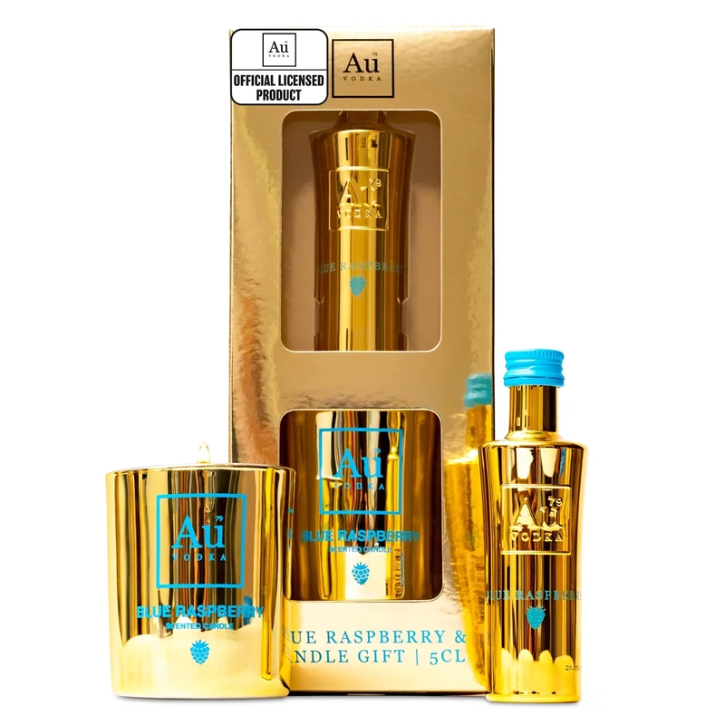 Au Vodka Gift Set - Blue Raspberry Flavoured Vodka 5cl Miniature & Candle - Official Licensed - Birthday Gifts for Men and Women - Handcrafted In The UK, Alcohol Gift Set, Valentines Day
