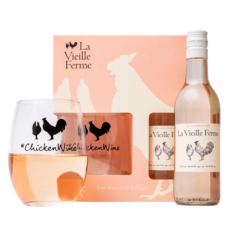 La Vieille Ferme Rose Wine Gift Set - Chicken Wine Gifts for Women, 187 ml Official Licensed Luxury Rosé Bottle & Elegant Tumbler Glass - Birthday, Premium Alcohol Set, Ladies, Mum, Valentines Day
