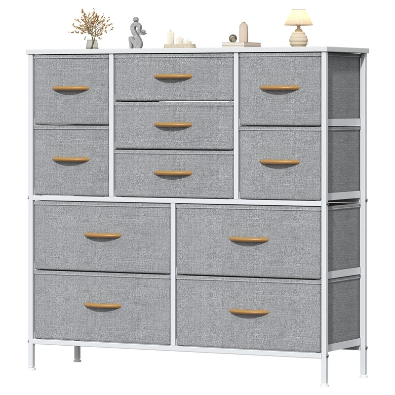 Feonase Chest of Drawers, Bedroom Tall Dresser with 11 Fabric Drawers, Metal Frame & MDF Wood Top, Adjustable Feet, Storage Organizer Unit for Bedroom, Closet, Living Room, Hallway, Light Grey