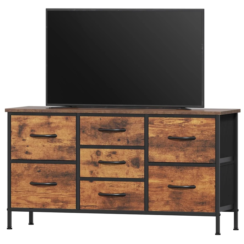 Feonase Bedroom Chest of Drawers, Small Dresser with 7 Fabric Drawers, Metal Frame & MDF Wood Top, Adjustable Feet, Storage Organizer Unit for Bedroom, Closet, Living Room, Hallway, Rustic Brown