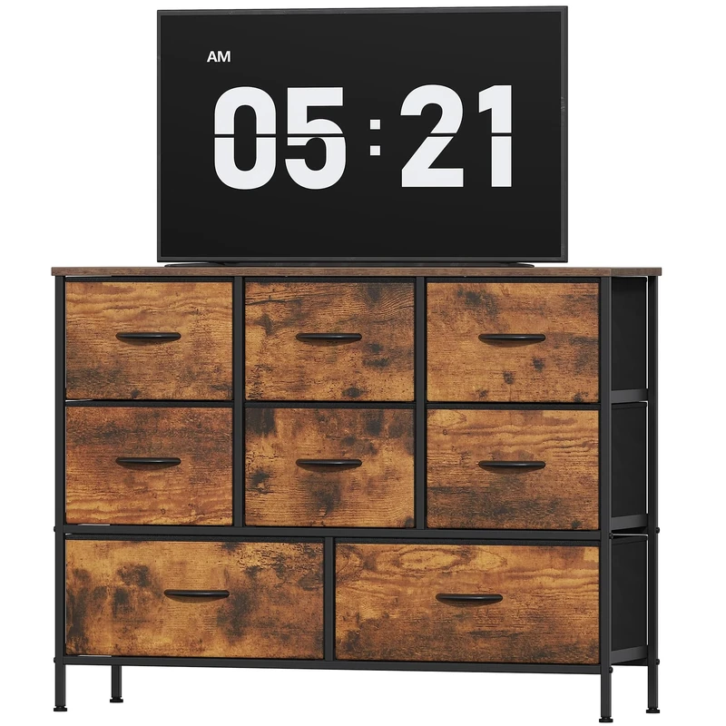 Feonase Chest of Drawers, Bedroom Dresser with 8 Fabric Drawers, Metal Frame & MDF Wood Top, Adjustable Feet, Storage Organizer Unit for Bedroom, Closet, Living Room, Hallway, Rustic Brown