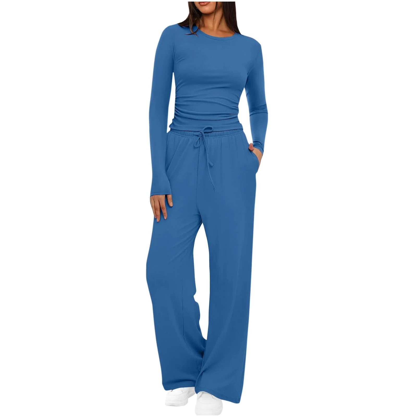 Tracksuit Women Full Set 2 Piece Outfits Stretch Long Sleeve V Neck Crop Tops Drawstring Elastic Waist Straight Leg Pockets Trousers Lounge Sets Y2k Outfits Gym Yoga Homewear
