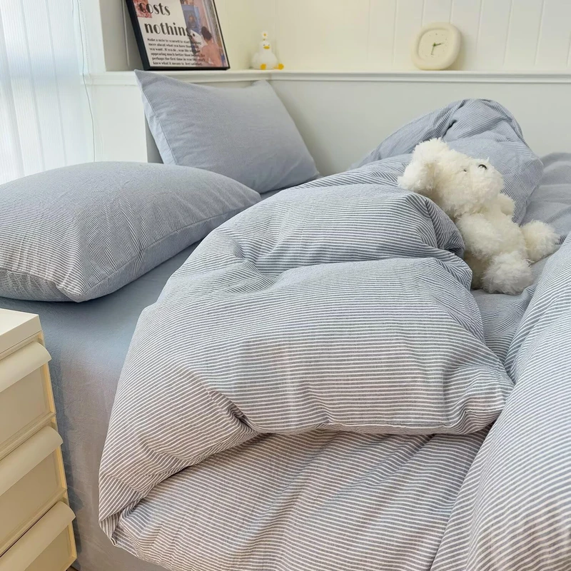 MKXI Ultra-Breathable Washed Cotton Duvet Cover Set, Queen 3-Piece Set - Fine Blue & White Stripes - Textured, Comfy Bedding - Coastal, Farmhouse, Minimalist Style