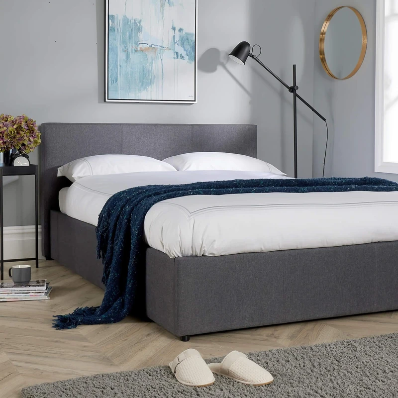 Home Source Upholstered Fabric Side Lift Ottoman Bed – 5ft King Size Storage Bed with Headboard & Sprung Slatted Base – Modern Contemporary Style with Hidden Storage