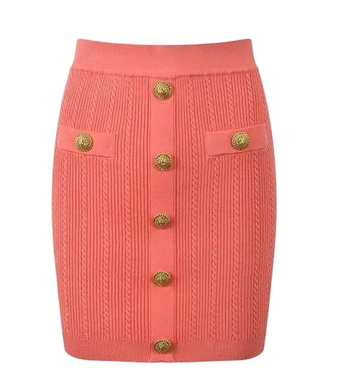 Lady Single-Breasted Slim Fitted Solid Knit Mini Skirt for Women Orange