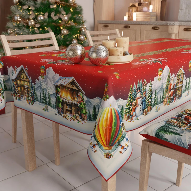 PETTI Artigiani Italiani - Christmas Tablecloth Stain Resistant Square Table Cover for Kitchen, Santa Village Design, 140x140 cm, 100% Made in Italy