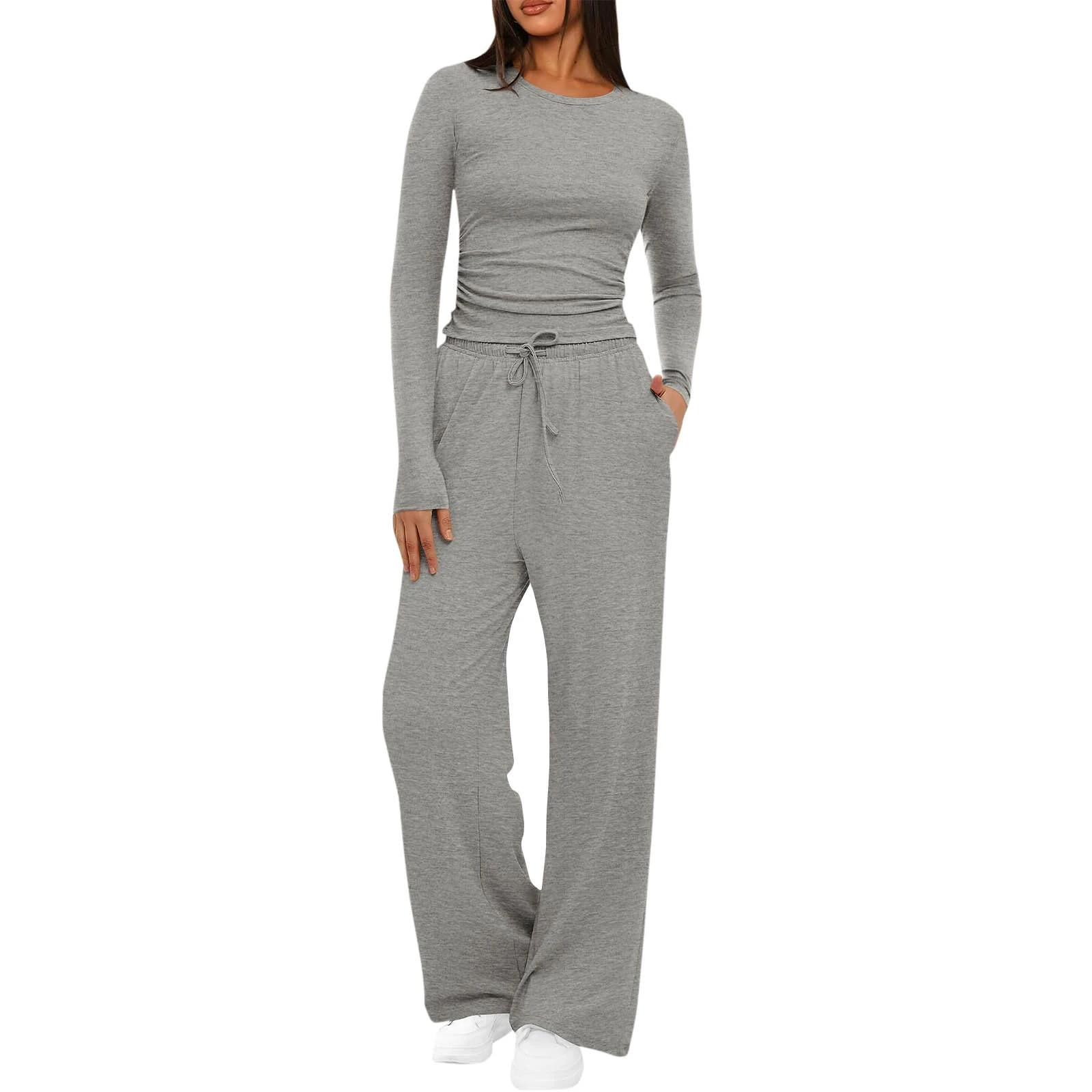 Tracksuit Women Full Set 2 Piece Outfits Stretch Long Sleeve V Neck Crop Tops Drawstring Elastic Waist Straight Leg Pockets Trousers Lounge Sets Y2k Outfits Gym Yoga Homewear