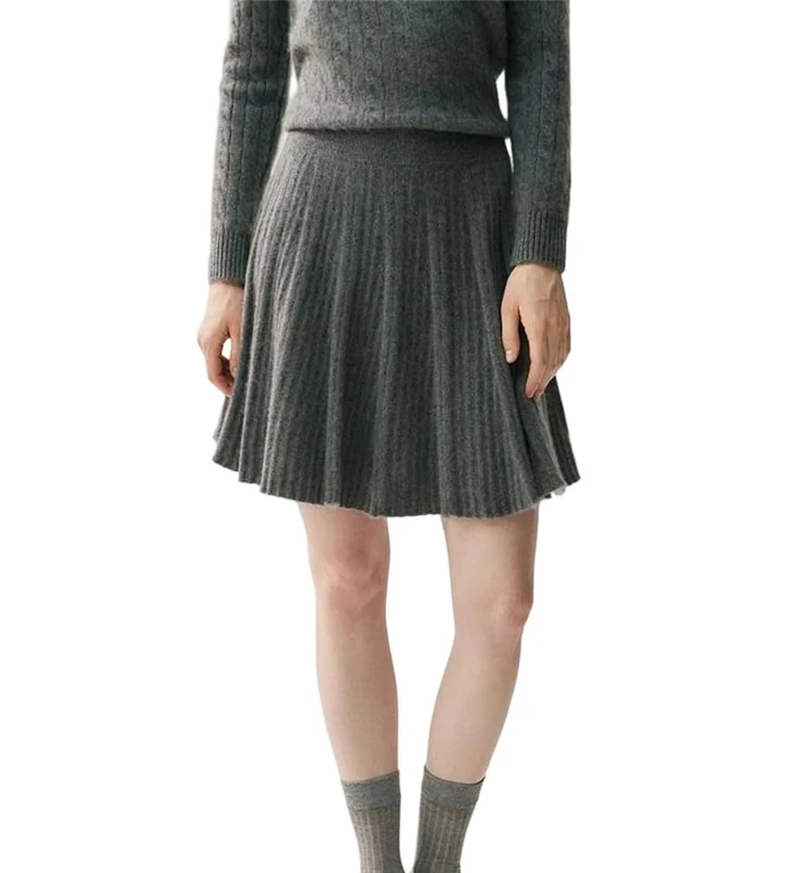 Women's Cashmere Pleated Skirts Knitted Elastic Waist Short A-Line Above Knee Mini Skirt