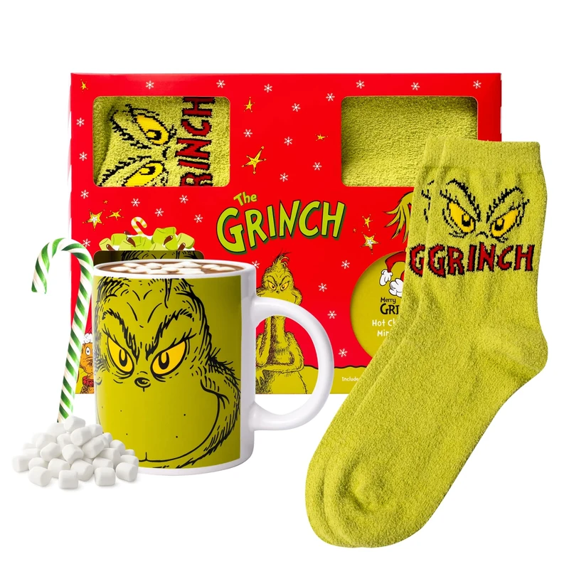 Grinch Hot Chocolate Gift Set - Featuring Grinch Mug for Kids or Adults, Includes Hot Chocolate Mix, Mini Marshmallows, Ceramic Mug and Fluffy Socks, Gifts for Boys & Girls