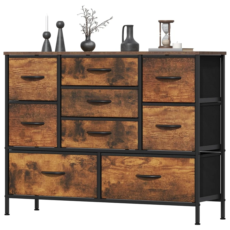 Feonase Chest of Drawers, Bedroom Dresser with 9 Fabric Drawers, Metal Frame & MDF Wood Top, Adjustable Feet, Storage Organizer Unit for Bedroom, Closet, Living Room, Hallway, Rustic Brown