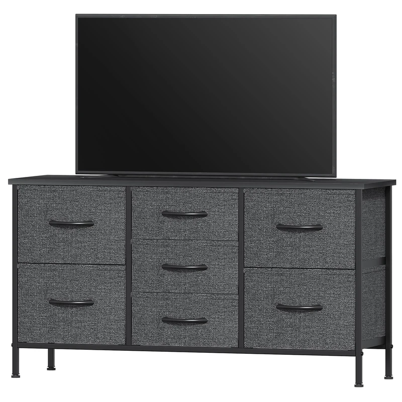 Feonase Bedroom Chest of Drawers, Small Dresser with 7 Fabric Drawers, Metal Frame & MDF Wood Top, Adjustable Feet, Storage Organizer Unit for Bedroom, Closet, Living Room, Hallway, Deep Grey