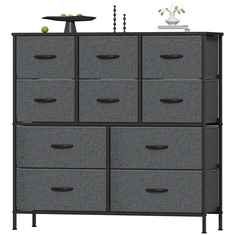Feonase Chest of Drawers, Bedroom Tall Dresser with 10 Fabric Drawers, Metal Frame & MDF Wood Top, Adjustable Feet, Storage Organizer Unit for Bedroom, Closet, Living Room, Hallway, Deep Grey