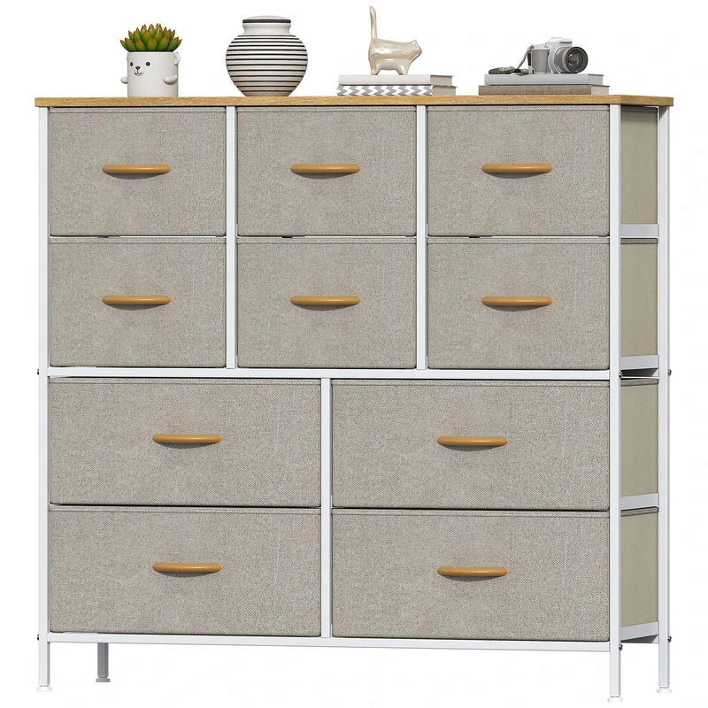 Feonase Chest of Drawers, Bedroom Tall Dresser with 10 Fabric Drawers, Metal Frame & MDF Wood Top, Adjustable Feet, Storage Organizer Unit for Bedroom, Closet, Living Room, Hallway, Khaki
