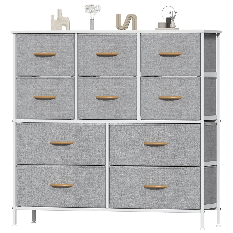 Feonase Chest of Drawers, Bedroom Tall Dresser with 10 Fabric Drawers, Metal Frame & MDF Wood Top, Adjustable Feet, Storage Organizer Unit for Bedroom, Closet, Living Room, Hallway, Light Grey