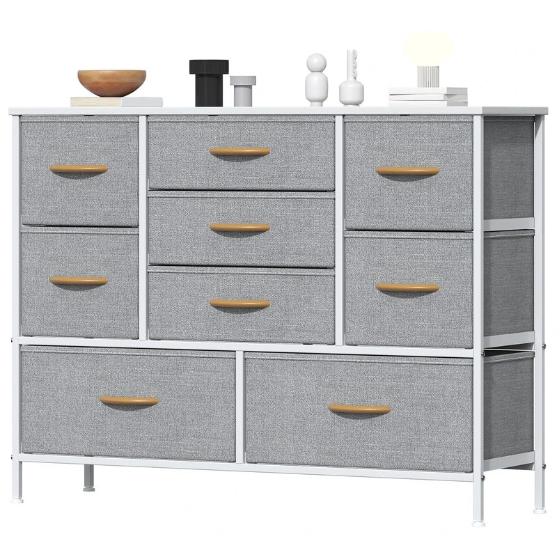 Feonase Chest of Drawers, Bedroom Dresser with 9 Fabric Drawers, Metal Frame & MDF Wood Top, Adjustable Feet, Storage Organizer Unit for Bedroom, Closet, Living Room, Hallway, Light Grey