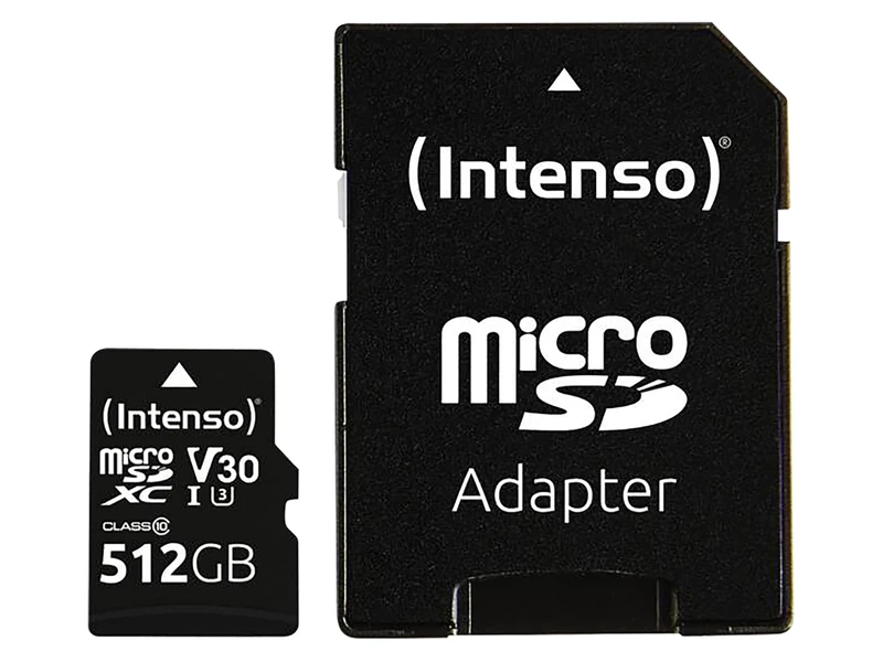 Intenso Professional microSDHC 512GB Class 10 UHS-I, U3, V30 Memory Card with SD Adapter for 4K Recordings, GoPro, Insta 360, DJI, Osmo, Steam Deck, Drone, Action Camera, Black