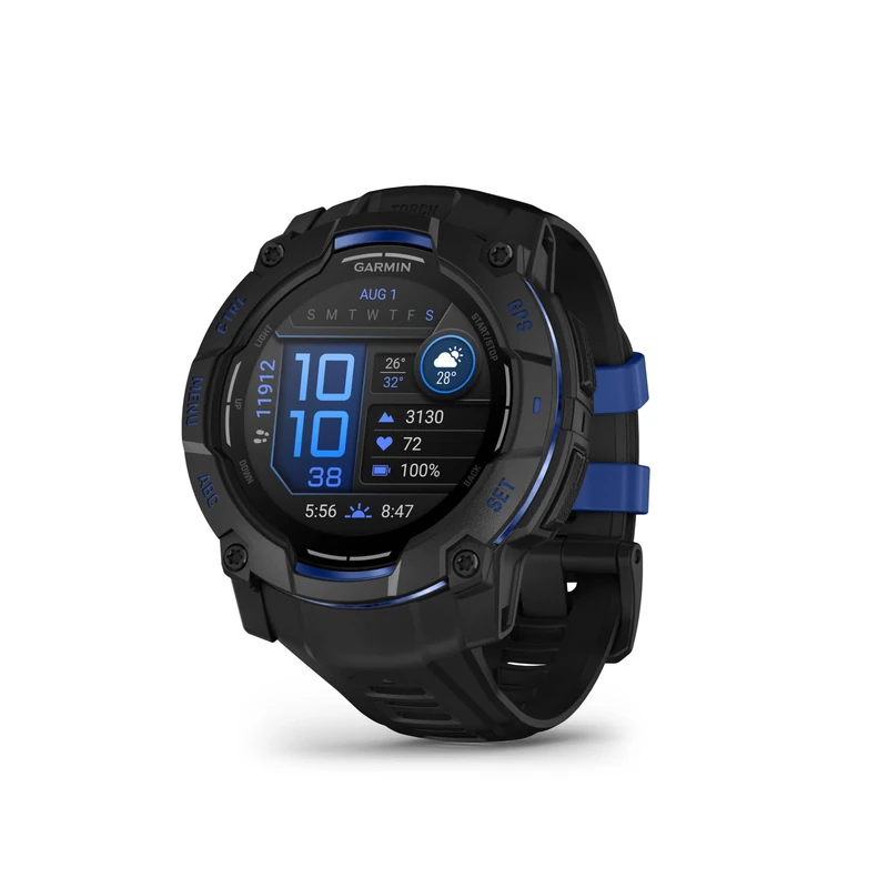 Garmin Instinct 3, 50mm AMOLED Rugged GPS Smartwatch,Built in Sports Apps and Health Monitoring, LED Flashlight, Shock Resistant, 10ATM, Up to 24 days Battery Life, Black/Bolt Blue accents