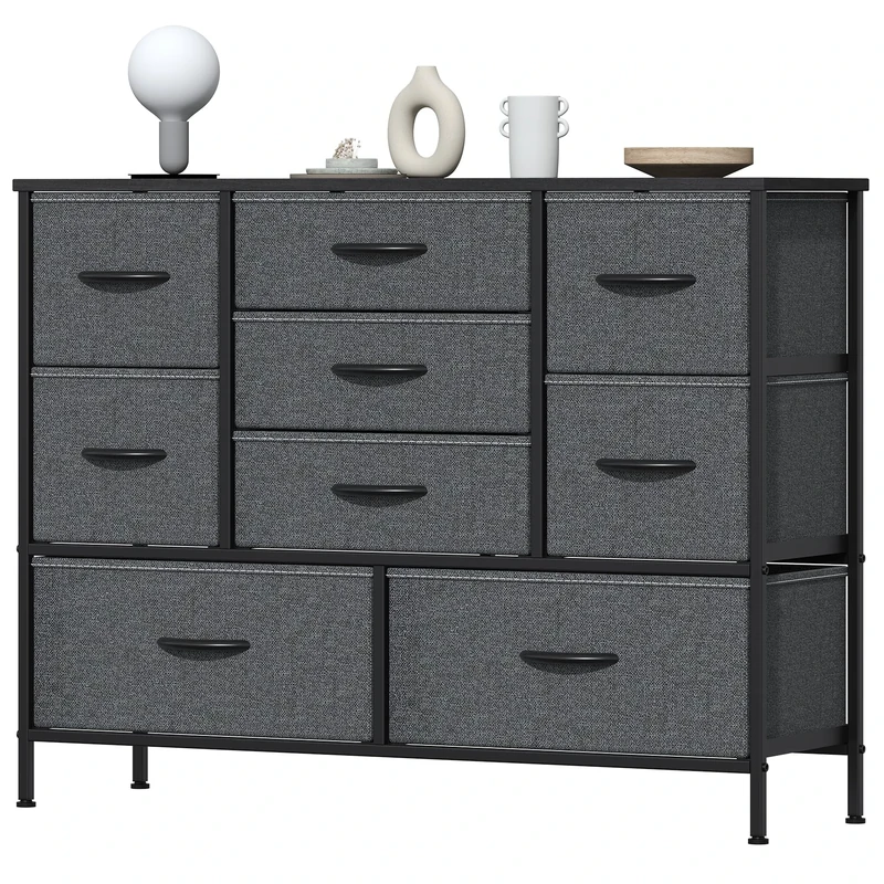 Feonase Chest of Drawers, Bedroom Dresser with 9 Fabric Drawers, Metal Frame & MDF Wood Top, Adjustable Feet, Storage Organizer Unit for Bedroom, Closet, Living Room, Hallway, Deep Grey