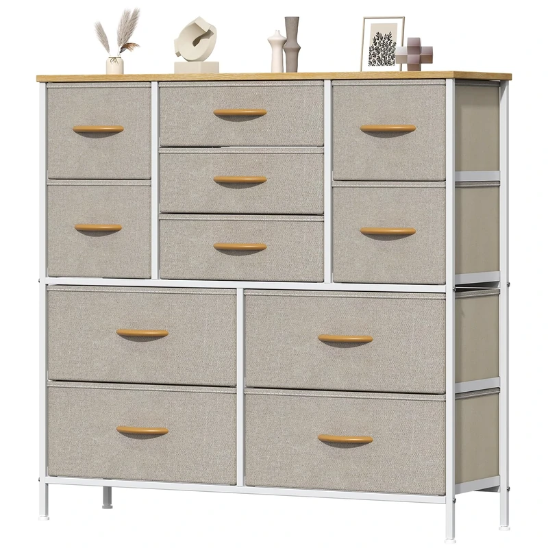Feonase Chest of Drawers, Bedroom Tall Dresser with 11 Fabric Drawers, Metal Frame & MDF Wood Top, Adjustable Feet, Storage Organizer Unit for Bedroom, Closet, Living Room, Hallway, Khaki