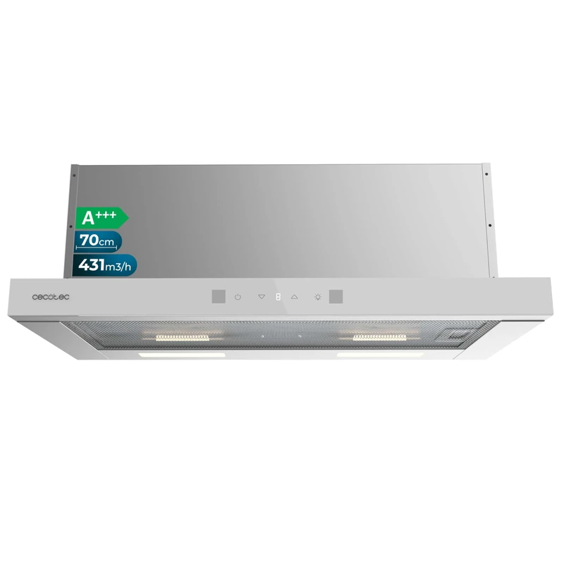 Cecotec Bolero Telescopic Cooker Hood Flux TLT 704400 Glass White A+++. Suction 431.2m³/h, Low Consumption, DC Motor, Motion and Touch Control, Front Glass White, Stainless Steel