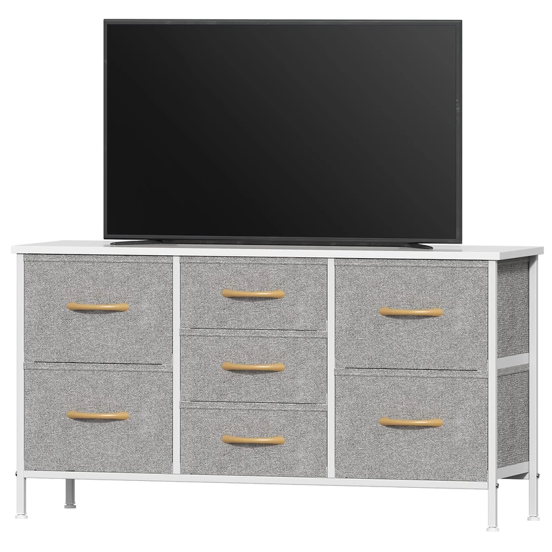 Feonase Bedroom Chest of Drawers, Small Dresser with 7 Fabric Drawers, Metal Frame & MDF Wood Top, Adjustable Feet, Storage Organizer Unit for Bedroom, Closet, Living Room, Hallway, Light Grey