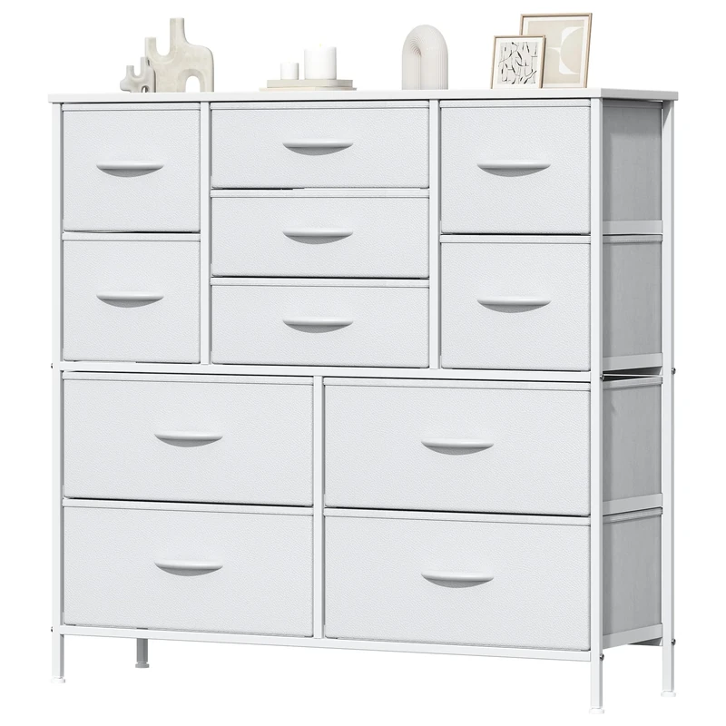 Feonase Chest of Drawers, Bedroom Tall Dresser with 11 Fabric Drawers, Metal Frame & MDF Wood Top, Adjustable Feet, Storage Organizer Unit for Bedroom, Closet, Living Room, Hallway, White