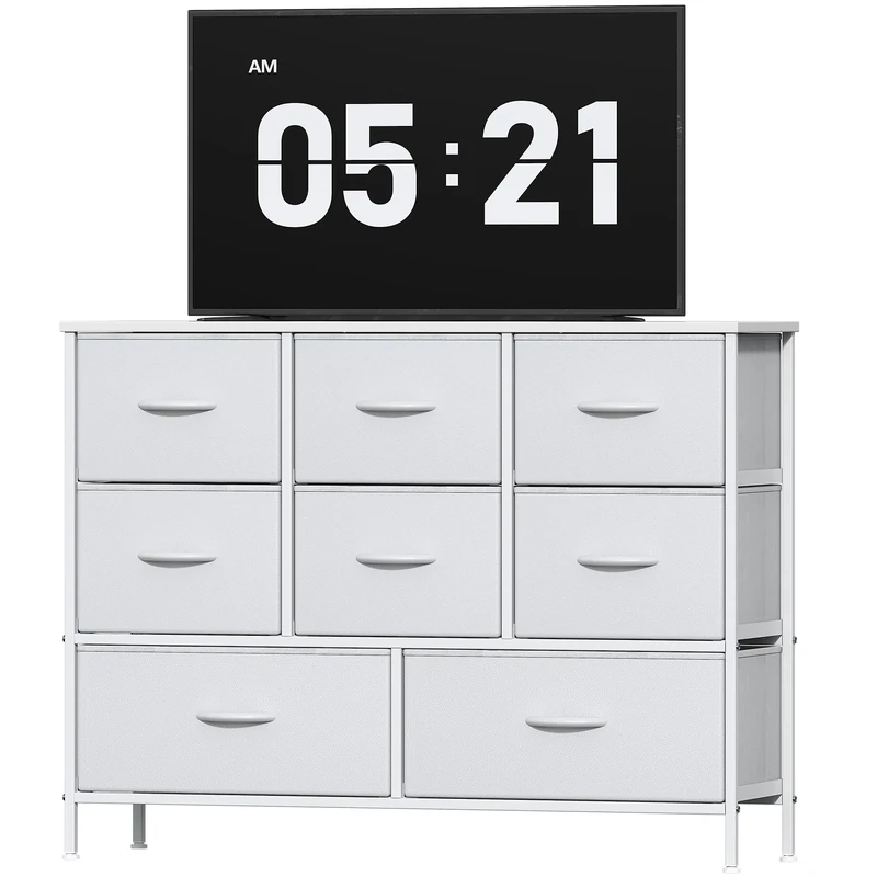 Feonase Chest of Drawers, Bedroom Dresser with 8 Fabric Drawers, Metal Frame & MDF Wood Top, Adjustable Feet, Storage Organizer Unit for Bedroom, Closet, Living Room, Hallway, White