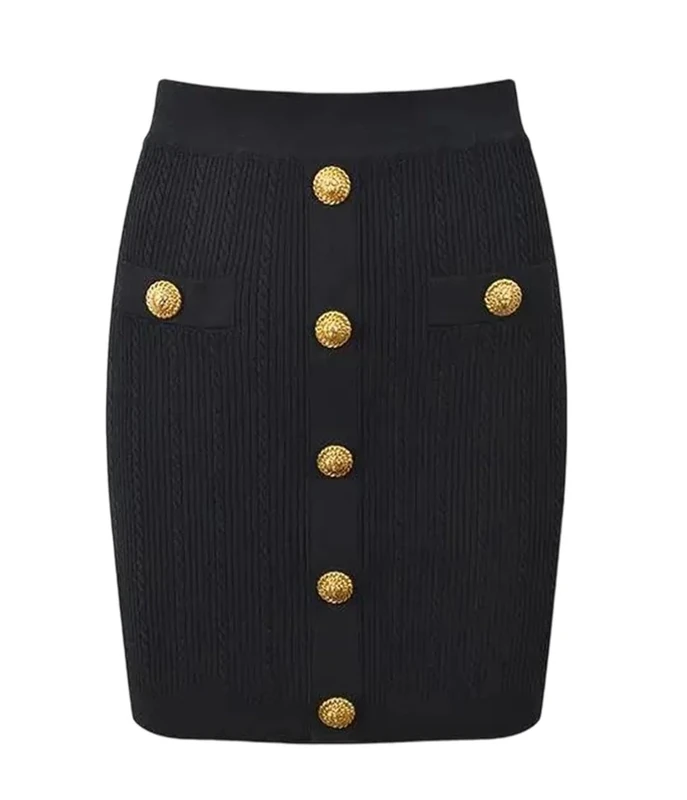 Lady Single-Breasted Slim Fitted Solid Knit Mini Skirt for Women Black