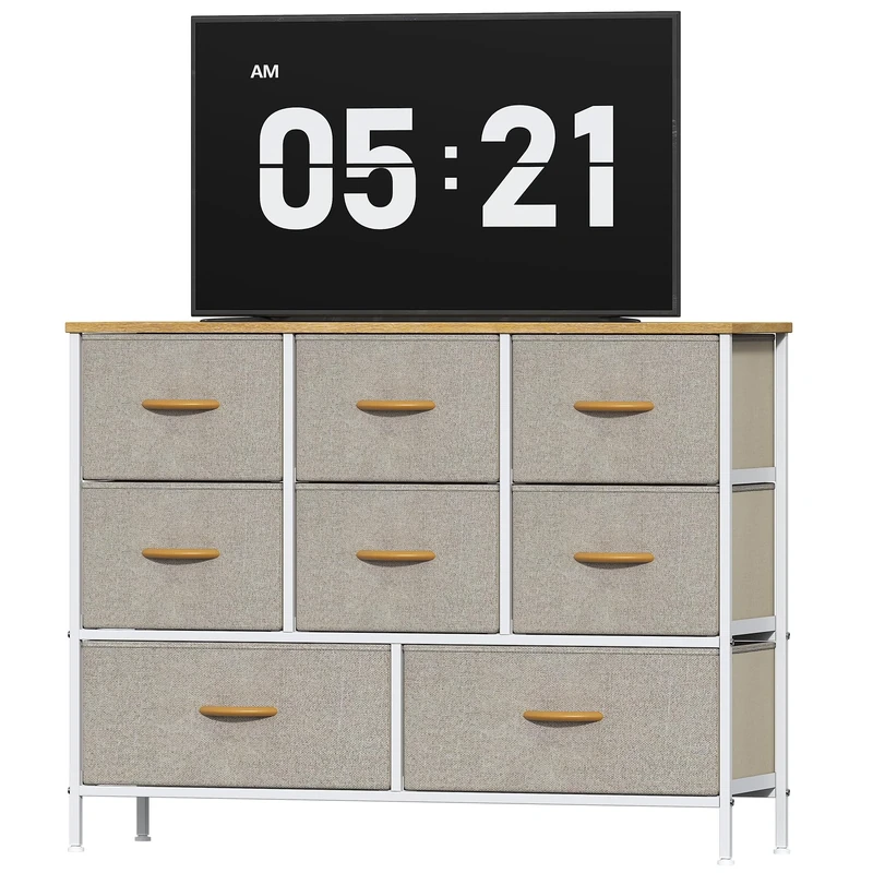 Feonase Chest of Drawers, Bedroom Dresser with 8 Fabric Drawers, Metal Frame & MDF Wood Top, Adjustable Feet, Storage Organizer Unit for Bedroom, Closet, Living Room, Hallway, Khaki