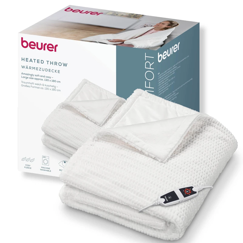 Beurer Helsinki Electric Blanket, Cuddly Thermal Blanket Made of Luxury Outer Material with 6 Temperature Settings, Electric Blanket with Automatic Shut-Off and Safety System, Machine Washable at 30°C