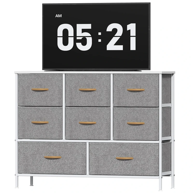 Feonase Chest of Drawers, Bedroom Dresser with 8 Fabric Drawers, Metal Frame & MDF Wood Top, Adjustable Feet, Storage Organizer Unit for Bedroom, Closet, Living Room, Hallway, Light Grey