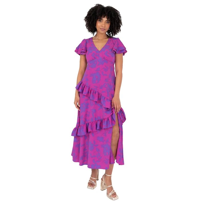 Lovedrobe Women's Midaxi Dress Ladies V-Neck Flutter Sleeve Floral Print Tiered Ruffle Asymmetric Leg Split A-line Wedding Guest, Purple 12 - Image 1