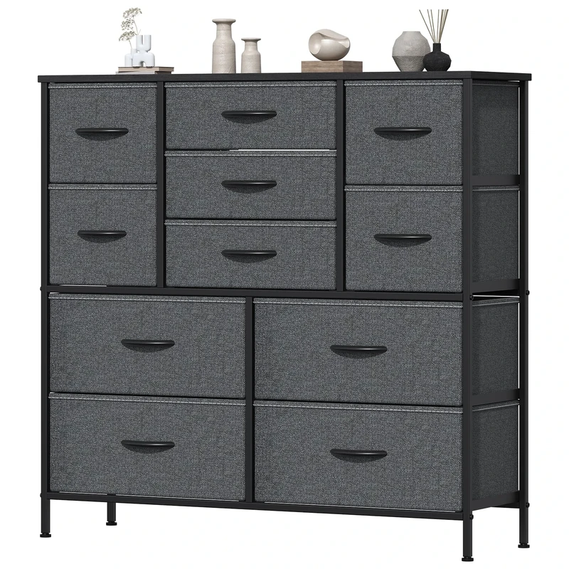 Feonase Chest of Drawers, Bedroom Tall Dresser with 11 Fabric Drawers, Metal Frame & MDF Wood Top, Adjustable Feet, Storage Organizer Unit for Bedroom, Closet, Living Room, Hallway, Deep Grey