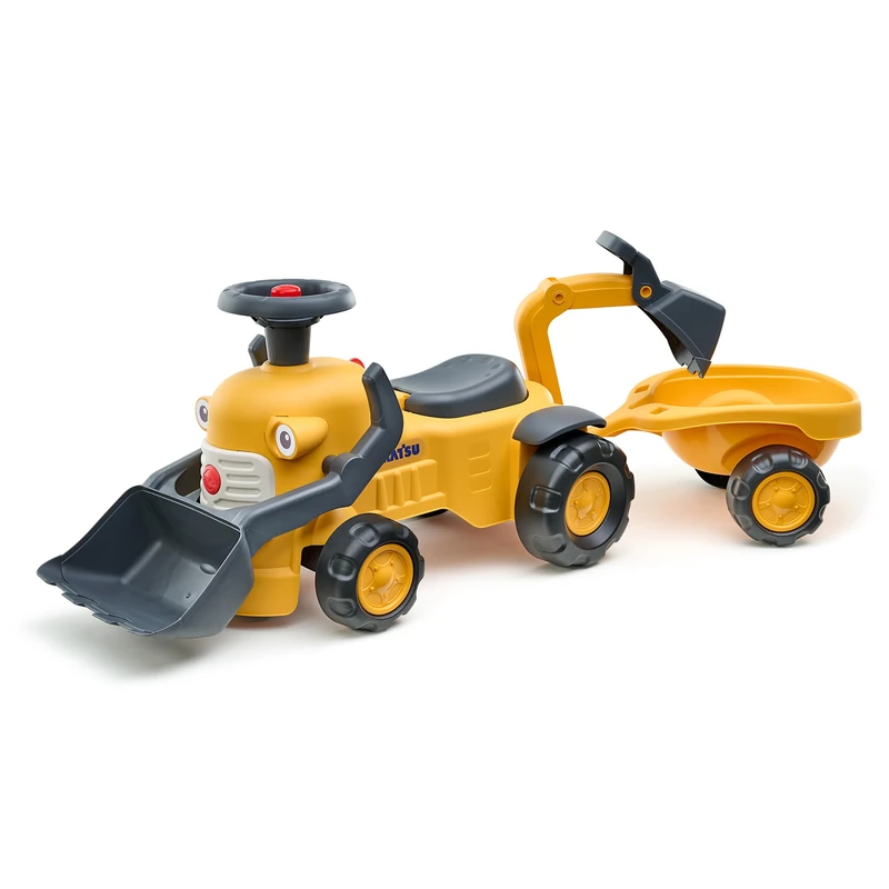 Falk - Komatsu Backhoe Loader Carrier - Front Shovel - From 12 Months - 90% Recycled Plastic - Excavator & Trailer - Made in France - 916N - Yellow