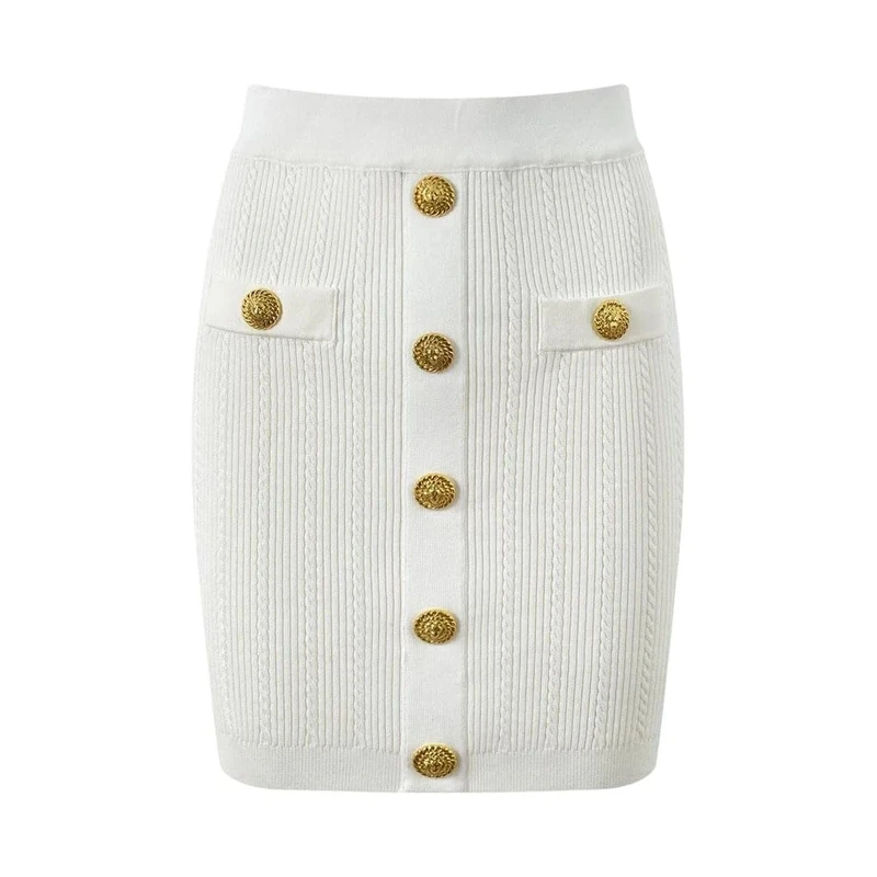 Lady Single-Breasted Slim Fitted Solid Knit Mini Skirt for Women White