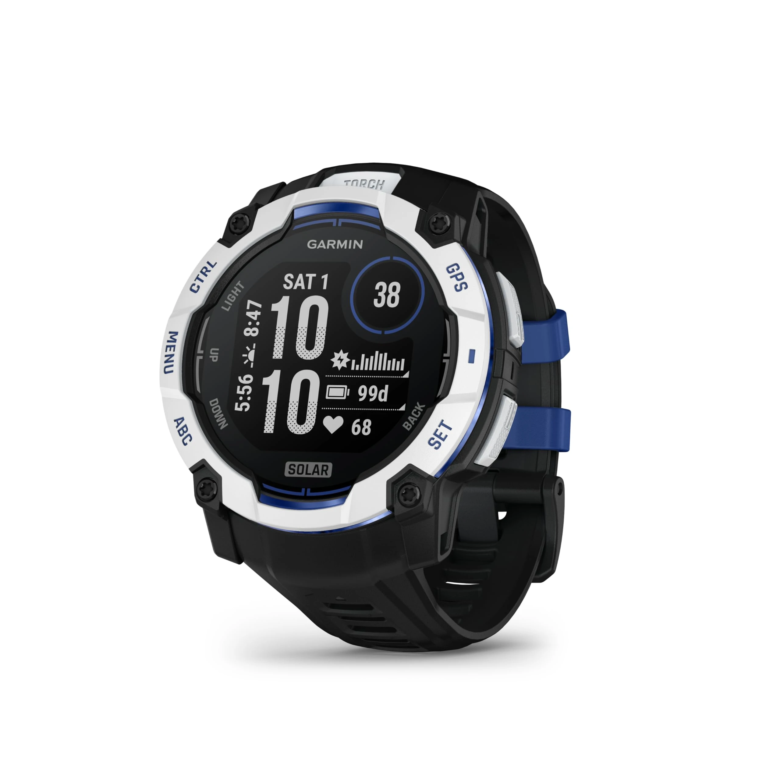 Garmin Instinct 3-50 mm Solar Rugged Outdoor GPS Smartwatch Built-in Torch Supernova Collection Limited Edition Colour Whitestone with Black/Bolt Blue Silicone Band
