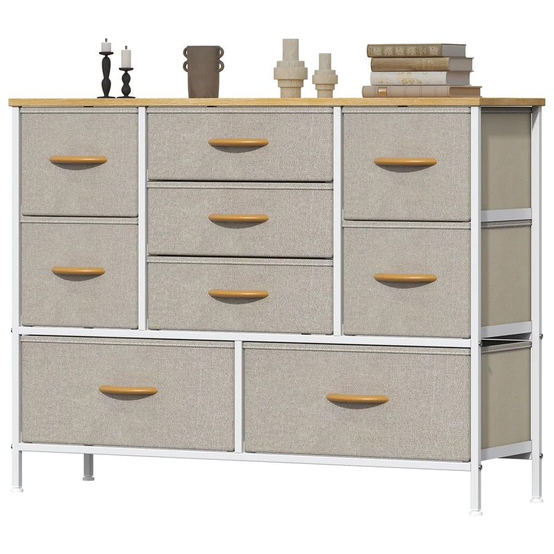 Feonase Chest of Drawers, Bedroom Dresser with 9 Fabric Drawers, Metal Frame & MDF Wood Top, Adjustable Feet, Storage Organizer Unit for Bedroom, Closet, Living Room, Hallway, Khaki