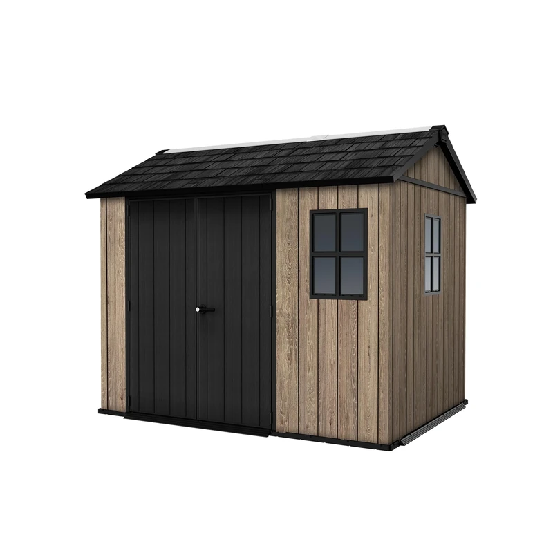 Keter Signature Apex Shed 9x7.5ft – Ashwood Brown | 11.38m³ Outdoor Storage | Wood-Effect Resin | Weatherproof, Ventilated & Raised Floor | Lockable Doors for Garden Tools, Bikes & More