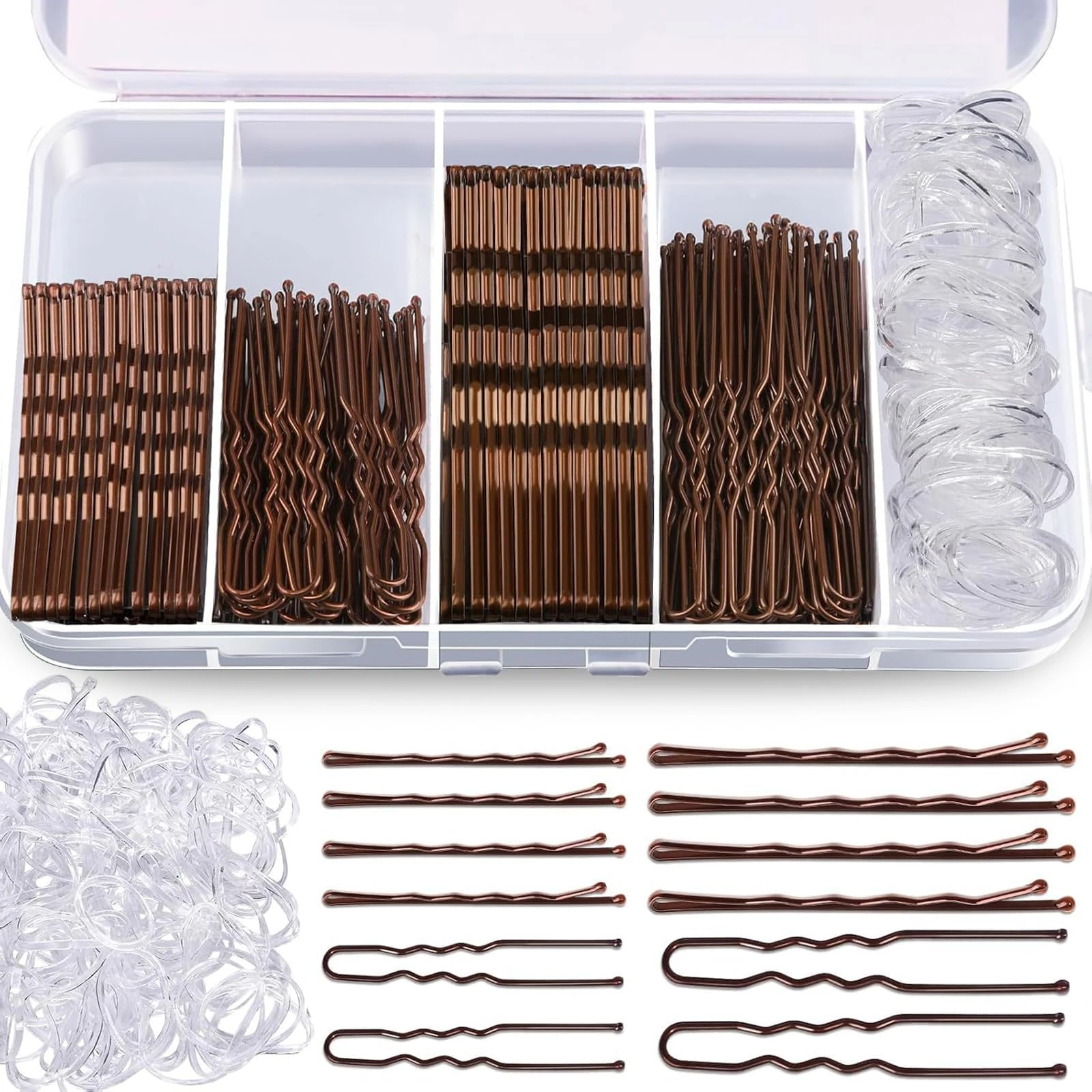 Aucuu 550 Pcs Bobby Pins Kit, Hair Pins for Women, Hair Grips, 100 Black Waved Hair Pins (50pcs L+50pcs S), 100 Black U Shaped H-air P-ins, 350 White Elastic Bands, with Storage Box