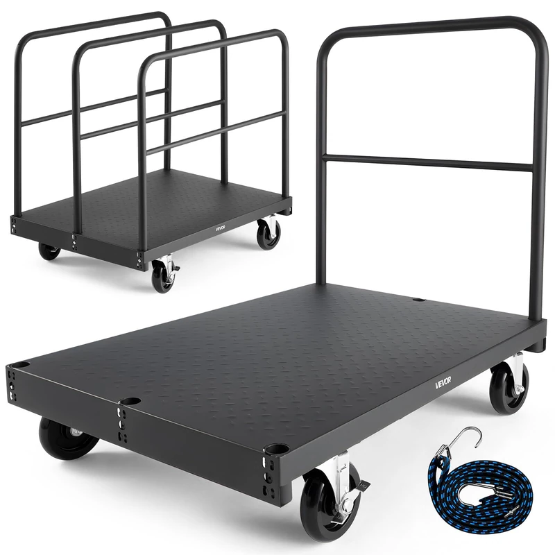 VEVOR Drywall Cart Dolly, 816 kg Load Capacity, 2-in-1 Steel Panel Truck Cart with 12.5 mm Swivel Casters, 91.4 x 61 cm Platform Truck with 4 Side Handrails for Factory, Warehouse, Garage, Black