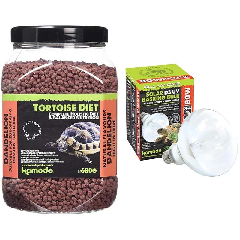 Komodo Complete Holistic Tortoise Diet Dandelion 680g + Komodo Solar D3 UV Basking Bulb 80W | Balanced Nutrition & UV Heating Bundle for Tortoises