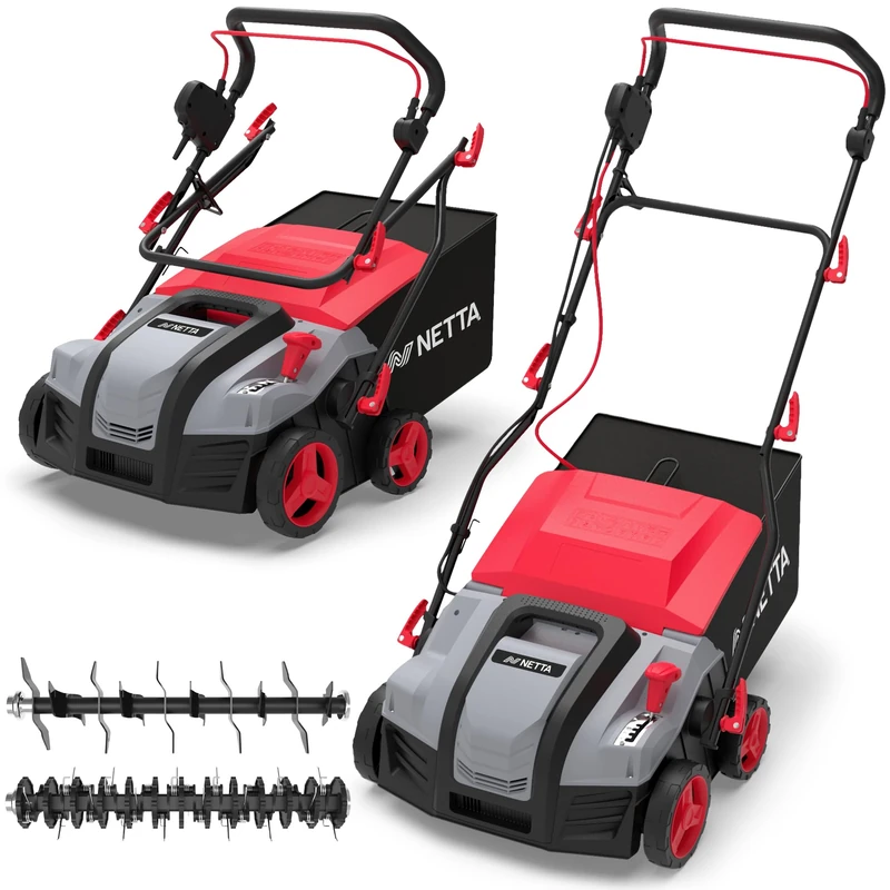 NETTA 2000W Lawn Scarifier and Aerator - 400mm Electric Lawn Rake & Moss Remover, 5 Adjustable Heights, 55L Grass Box - 10m Cable Heavy Duty Lawn Aerator for Large Gardens