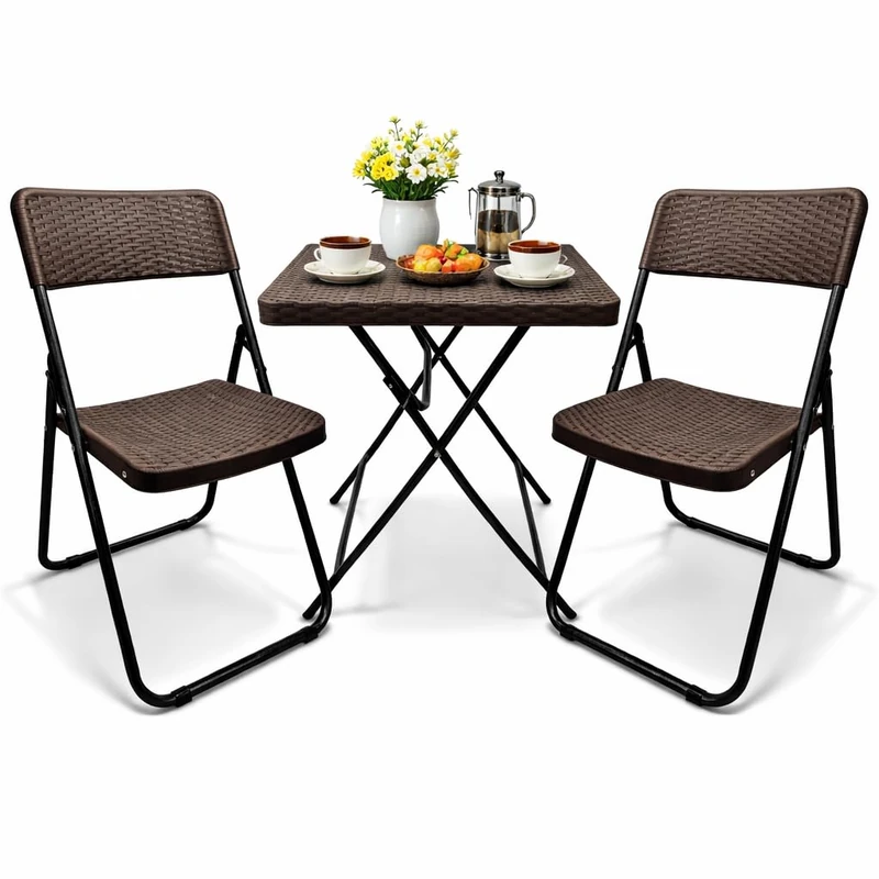 SUNMER Patio Bistro Garden Furniture Set - 3 Piece Rattan Effect Folding Table and Chairs - Heavy Duty Capacity, Weather Resistant Outdoor Seating for Garden, Balcony, Yard and Dining - Brown