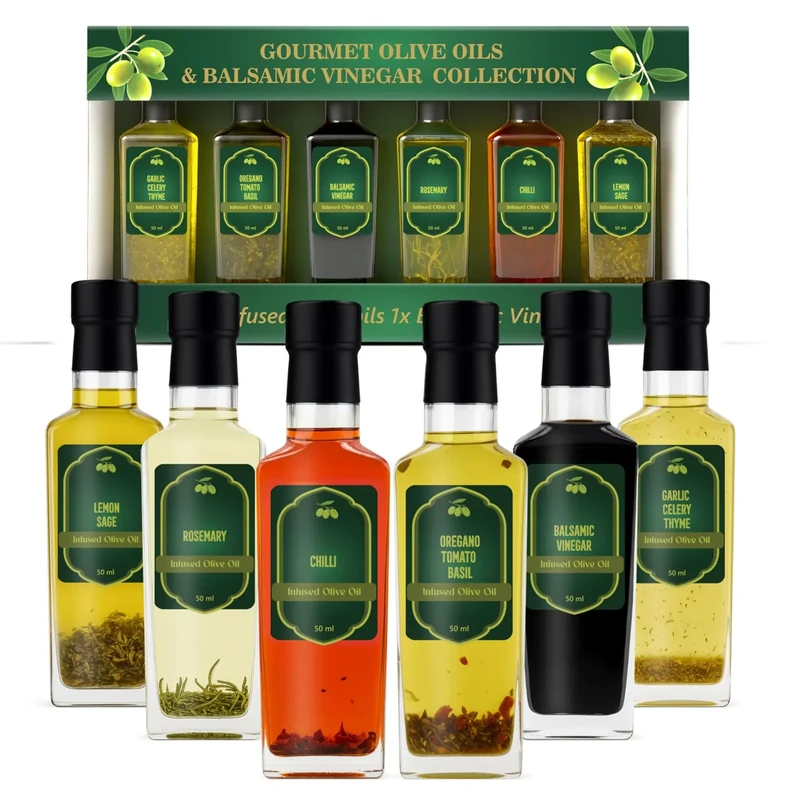 Olive Oil Gift Set |5xInfused Olive Oils 1x Balsamic Vinegar | Chef Cooking Gifts| Foodie Christmas Gifts for Women Men| House Warming Gifts New Home| Spanish Italian Food Gifts Bread| Salad Dressing