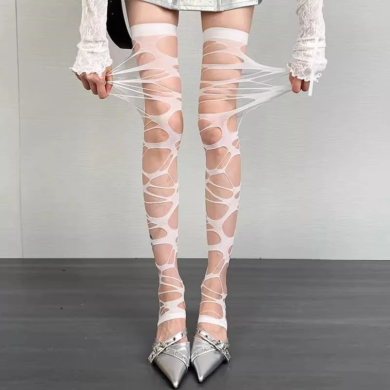 Punk Women Stocking Sexy Strap Thigh Knee Socks Lace High Stockings Hosiery Gothic Dark Mesh Pantyhose Lingerie, White-1pcs, One Size
