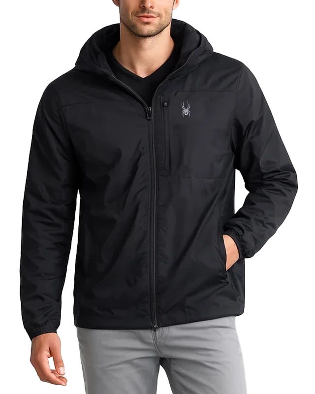 Spyder Mens Windbreaker Jacket - Lightweight Insulated Water-Resistant Active Zip Up Hooded Windbreaker Jackets for Men, Black, L - Image 1