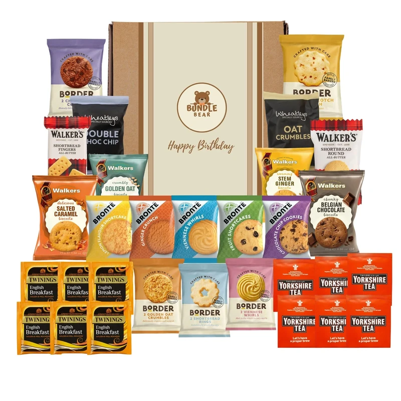 Tea & Biscuits Gift Set – Afternoon Tea Hamper with Assorted Biscuits & 12 Premium Tea Bags (Twinings & Yorkshire) – Gift Hamper for Women, Men & Couples – Thank You Hamper (Happy Birthday)