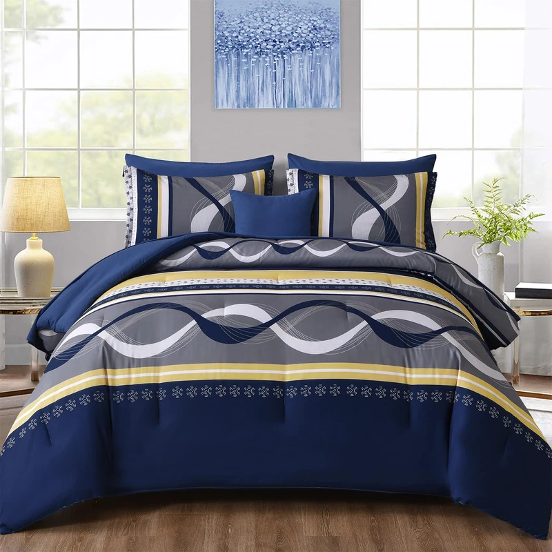 Anibedding Queen Comforter Set - 8 Pieces, Navy Blue Yellow